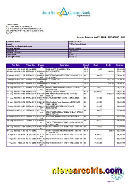 India Canara bank statement 3 – 6 months Word and PDF example, version 2